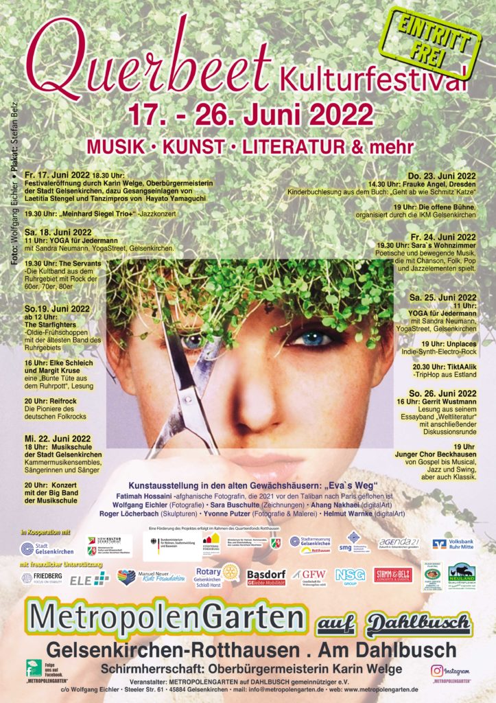 Plakat vom "Querbeet Kulturfestival" vom 17.-26.6.2022 im Metropolengarten auf Dahlbusch, Gelsenkirchen-Rüttenscheid.